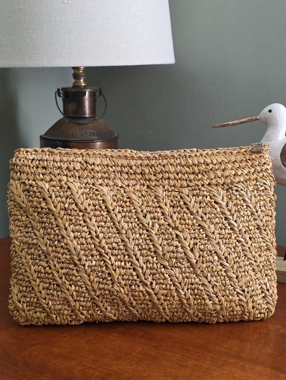 AERIN Allegra Raffia Pouch Tan Woven Chevron Clutch Bag - Picture 4 of 15